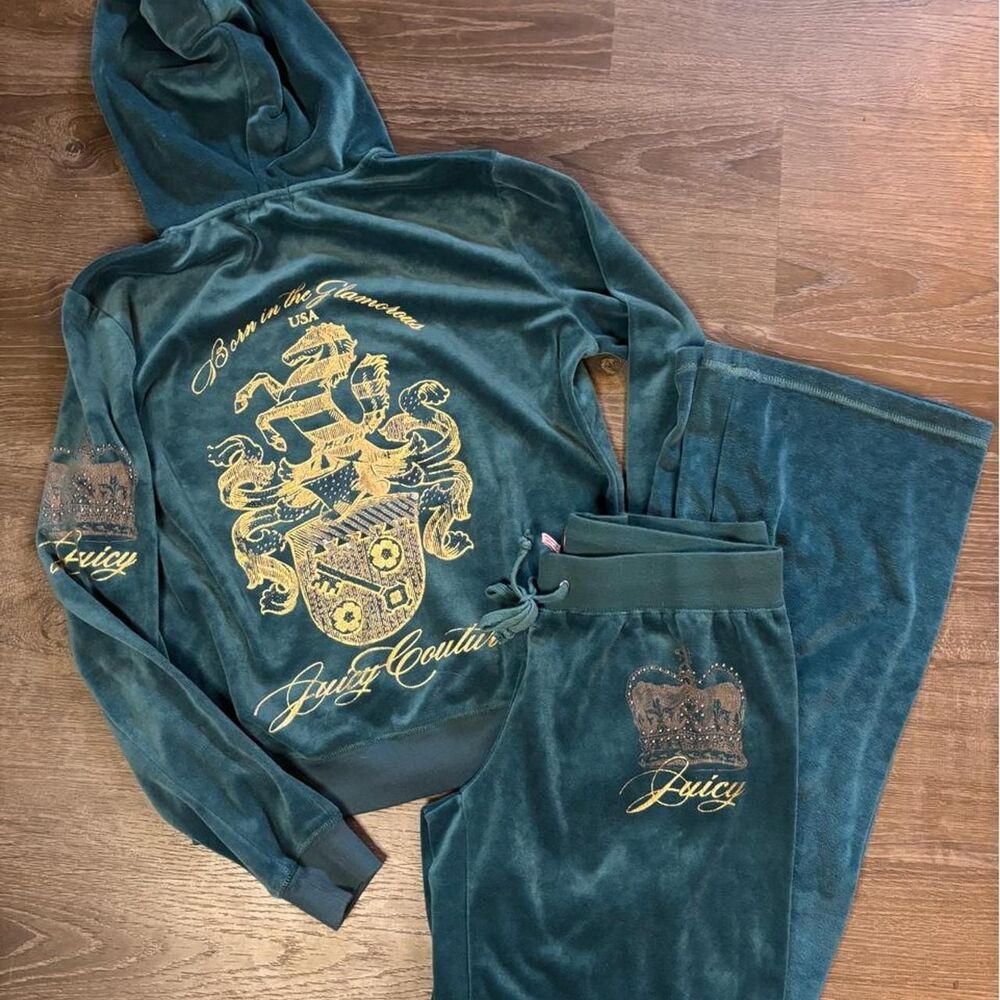 Vintage Y2K Juicy Couture Teal Velour Rhinestone Crown Tracksuit Set Size L <3